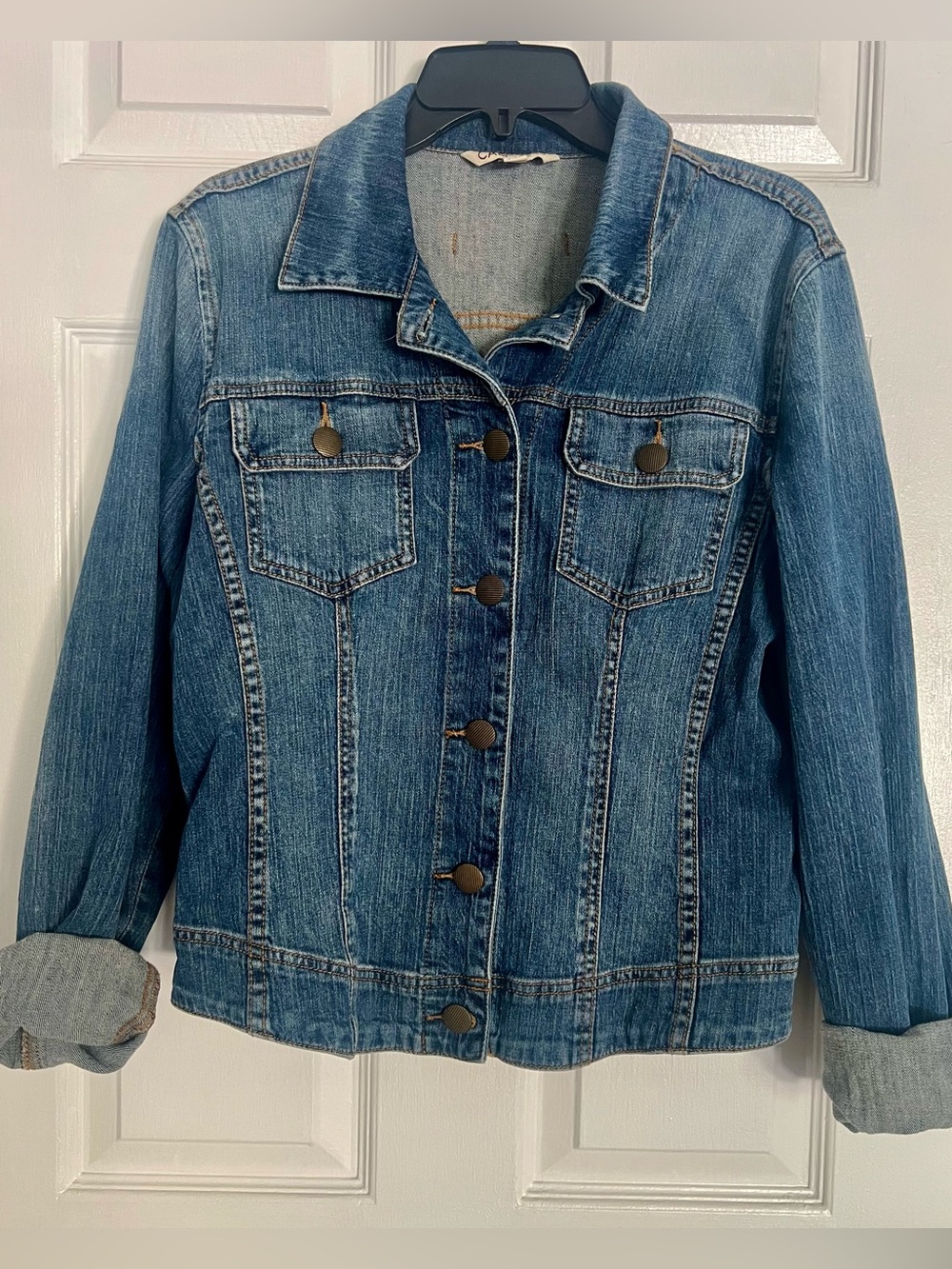 CAbi Denim Jacket Blue Button Front Cropped size Large